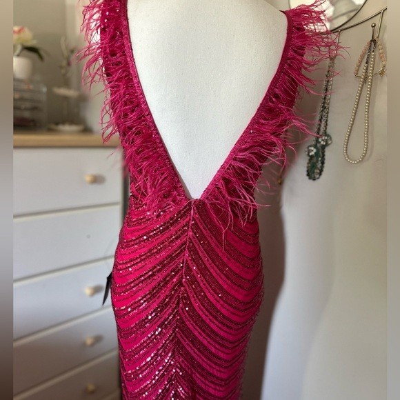 Lulu’s Magenta Sequin Feather Maxi Dress - Picture 4 of 8